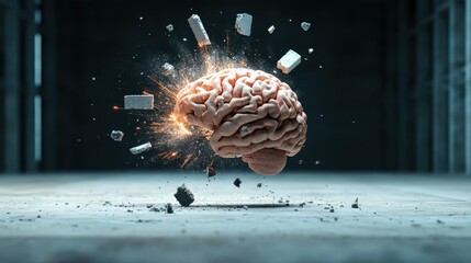 An artistic visualization of a brain being explosively disrupted, symbolizing the creative thought process and the power of ideas in a dynamic, abstract manner.