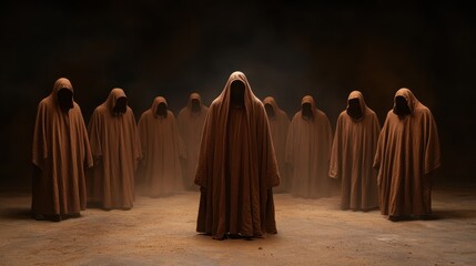 A gathering of cloaked figures shrouded in fog creates an eerie and mysterious atmosphere, invoking curiosity, intrigue, and the exploration of the unknown and human fears.