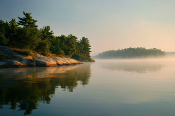serene summer morning mist enveloping tranquil lakes of ontario soft sunlight filtering through fog