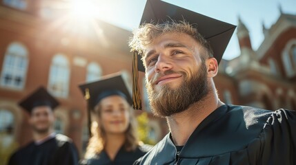 Fototapeta premium A proud graduate wearing a cap and gown smiles joyfully with classmates, symbolizing achievement, hope, and the transition into a new chapter of life under bright sunlight.
