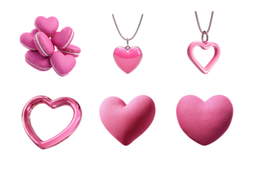 A collection of pink heart-shaped items including cookies, jewelry, and plush toys. Perfect for themes of love, affection, and celebrations like Valentine's Day.