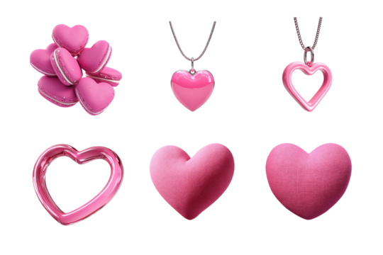 A collection of pink heart-shaped items including cookies, jewelry, and plush toys. Perfect for themes of love, affection, and celebrations like Valentine's Day.