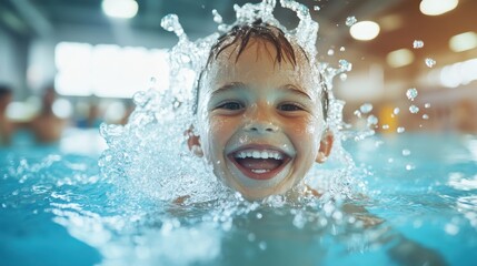 A happy child enjoys splashing in a clear blue swimming pool, radiating pure joy and playfulness while capturing the carefree essence of childhood.