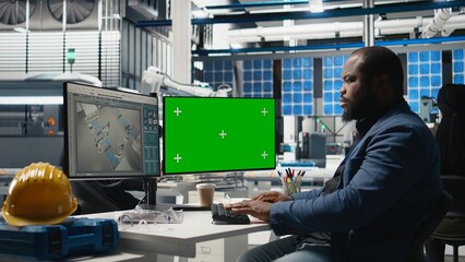 Black man specialist checks solar panel production with copy space, reviewing a checklist during...