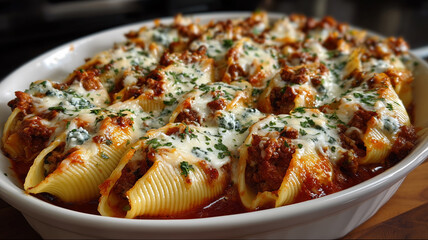 Delicious beef-stuffed shells with ricotta in a white baking dish