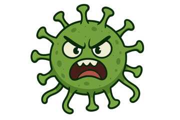 Fototapeta premium Green cartoon virus displaying sharp teeth and an angry expression, set against a transparent background for versatile use
