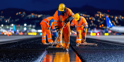 Road workers applying hot sealant on airport runway at night