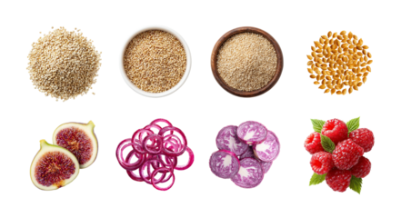 A vibrant assortment of culinary ingredients including various seeds, figs, raspberries, and pickled onions, perfect for healthy dishes and creative cooking inspiration.