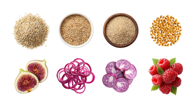 A vibrant assortment of culinary ingredients including various seeds, figs, raspberries, and pickled onions, perfect for healthy dishes and creative cooking inspiration.