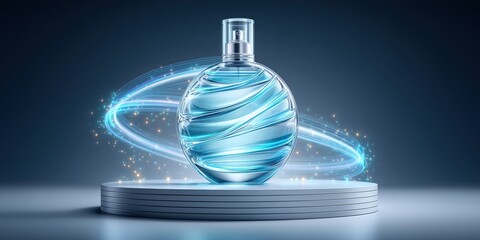 Futuristic round perfume bottle with swirling blue light for innovative fragrance branding.
