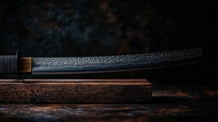 An intricately designed katana blade rests on a wooden base, radiating elegance and artistry, showcasing the craftsmanship and history behind this iconic weapon.