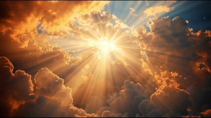 Sunlight breaking through clouds in morning sky, Rays of light conveys sense of hope, tranquility, divine presence - Powered by Adobe