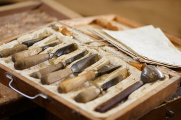 Set of carpenters tools on the workbench, close-up