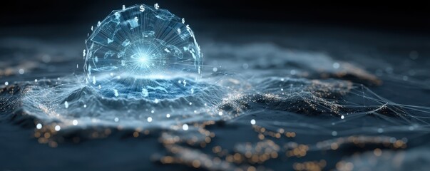 Digital representation of a glowing blue network hub in low poly design