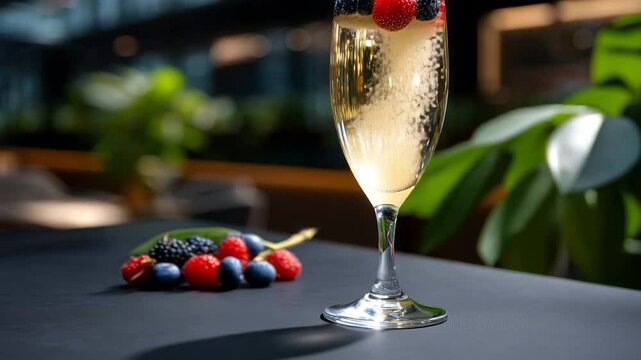 Elegant glass of champagne garnished with fresh berries and colorful straw on tabletop