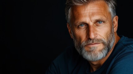 Fototapeta premium This striking portrait captures a mature man with a stylish beard and piercing blue eyes, portraying confidence, wisdom, and a strong presence in a dark environment.
