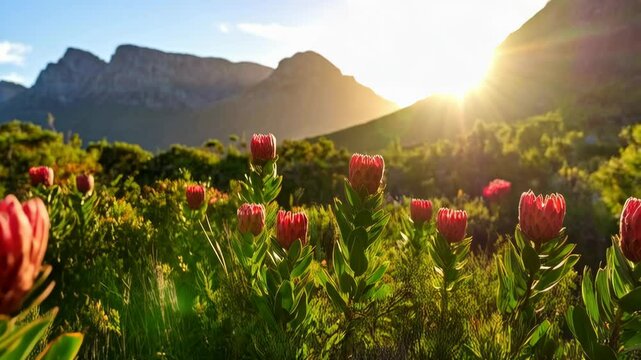Field of vibrant red protea flowers blooming at sunrise, picturesque mountain range backdrop, bright sunshine illuminating the landscape, lush green foliage