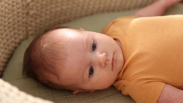 Active newborn baby in bassinet at home