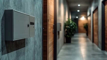 A contemporary corridor designed with stylish mailboxes, reflecting a blend of functionality and modern aesthetics in urban living environments and communal spaces.