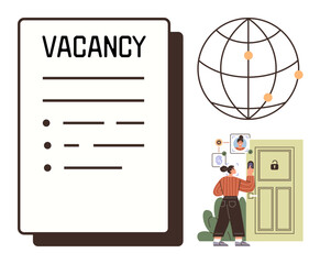 Large job vacancy page, global network symbol, person submitting application on secure online platform. Ideal for recruitment, hiring, online jobs, HR, global connections career growth. Clear simple