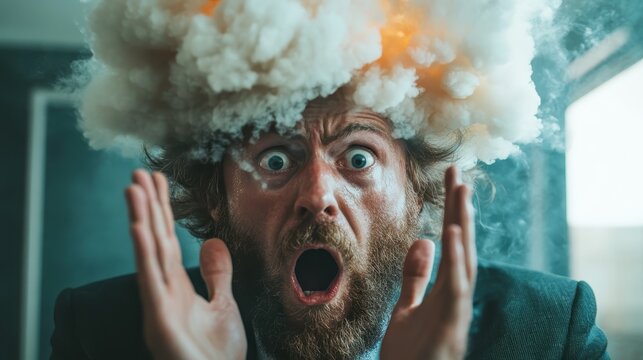 A surprised man, eyes wide and mouth agape, is captured amidst a cloud of smoke, representing confusion and surprise, evoking a sense of urgency and dramatic tension in the scene.