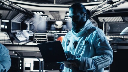 Researchers flying together in starship exploring Mars planetary surface. Cosmonauts ensuring operational readiness before landing on red planet to study cosmic origins