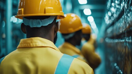 A unified group of professionals in bright yellow helmets focuses on their tasks within an industrial environment, highlighting safety, teamwork, and dedication to their work.
