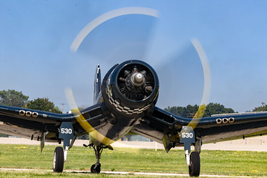 Front View of F4U Corsair with Spinning Propeller at Airshow
