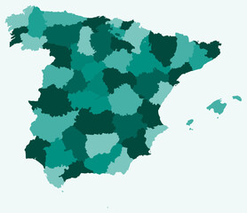 Obraz premium Map of Spain with regions. Just a simple country border map with region division. Teal color palette. Flat Spain shape with administrative division. Vector illustration.