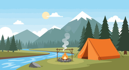 Serene Mountain Camping Scene Campfire, Tent, and River