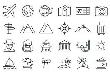Travel And Vacation Line Art Icons, Minimalist Vector Set for Tourism, Summer Holidays, Adventure, Beach And Air Travel