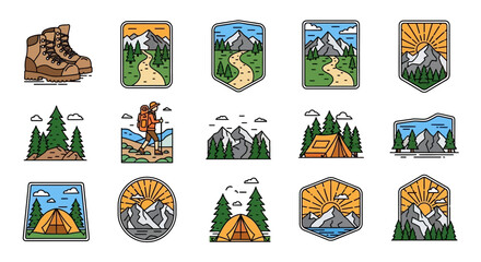 Adventure Hiking Camping Mountain Line Art Illustrations