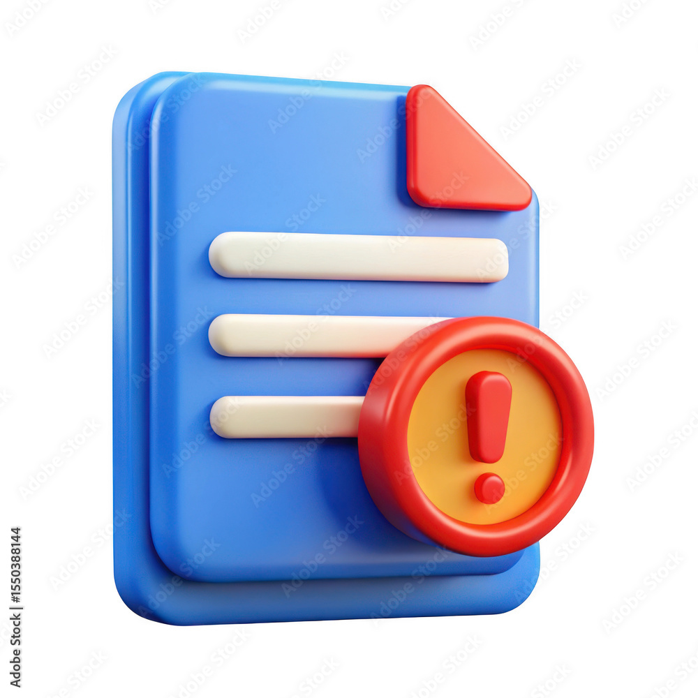 Poster 3d rendered document icon with error notification isolated on transparent background