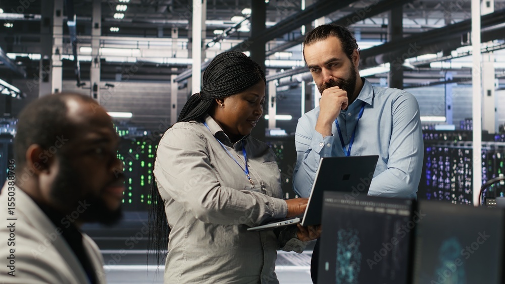 Poster data center engineers performing maintenance on blade server units used for artificial intelligence 