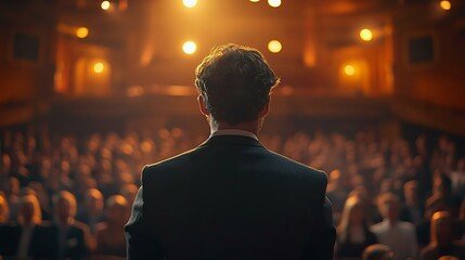 Fototapeta premium A man in a suit standing on stage facing an audience in a theater, illuminated by warm lights, conveying a sense of inspiration and engagement.