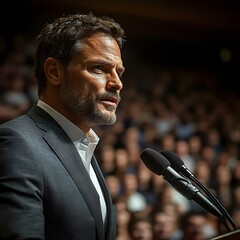 A confident speaker addresses a captivated audience, sharing insights and inspiring thoughts. Ideal for leadership and public speaking themes.