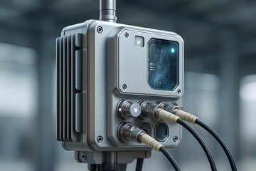 A high-resolution close-up of a futuristic telecommunications signal node, featuring metallic casing and multiple connected cables.