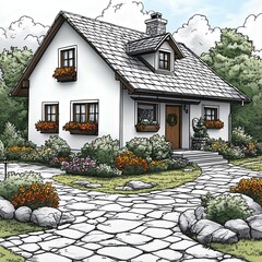 Charming cottage surrounded by flowers and greenery, with a stone path leading to the door. Ideal for illustrations of idyllic homes.