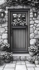 Charming stone door entrance adorned with flower pots and elegant lanterns, creating a warm, inviting atmosphere in monochrome tones.