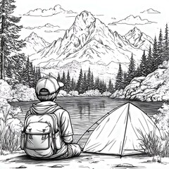 A serene camping scene featuring a person sitting by a lake with mountains in the background, surrounded by trees and a tent.