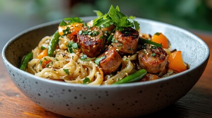 An appealing bowl of savory noodles combined with grilled sausage and colorful vegetables, offering a delicious meal that's nutritious and appetizing.