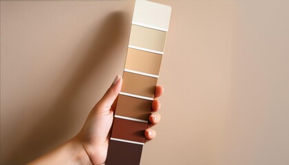 Hand holding beige color swatches against wall for paint selection and interior design inspiration