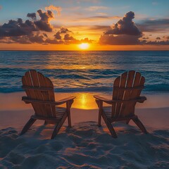 A serene beach sunset scene featuring two wooden chairs facing the ocean, reflecting tranquil vibes and stunning natural beauty.
