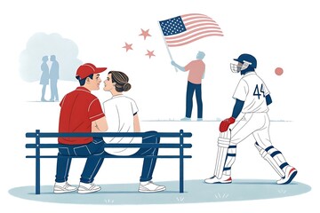 Couple on bench cricketer and flags