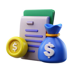 3d rendered financial documents and money bag isolated on transparent background