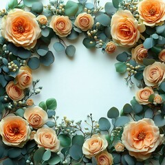 A beautiful floral frame featuring blush roses and greenery, perfect for wedding invitations or greeting cards.