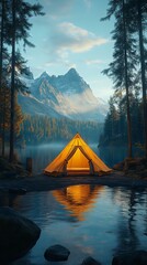 A peaceful mountain campsite with a glowing orange tent by a serene lake, surrounded by tall pine trees and majestic mountains in the background.