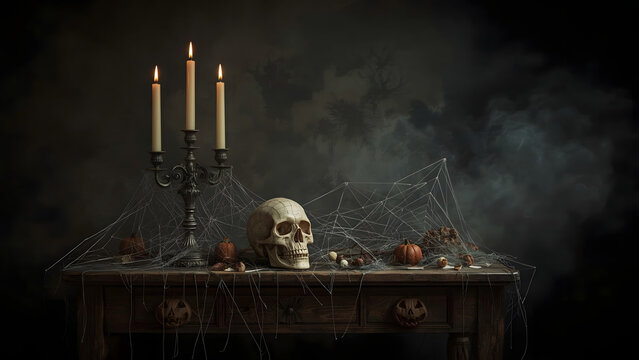 Old desk with candles and skull  - Powered by Adobe