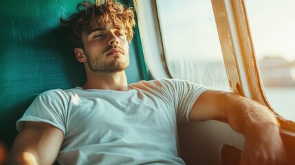 A handsome young man sits thoughtfully by an antique window, enjoying the peaceful ambiance, evoking a sense of serenity and introspection in a cozy setting.