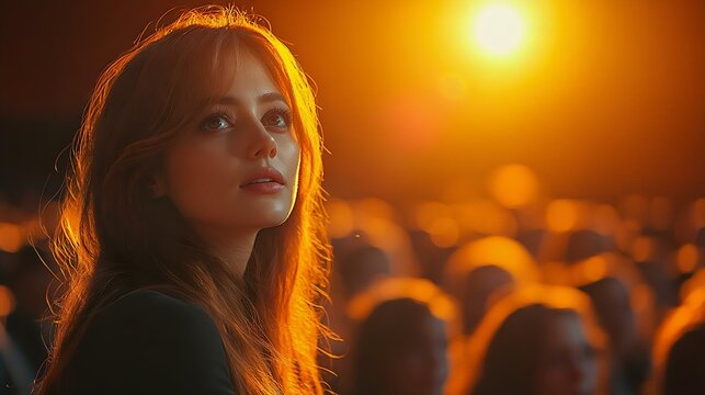 A captivating portrait of a young woman with stunning features, illuminated by warm stage lights amidst a blurred audience background.